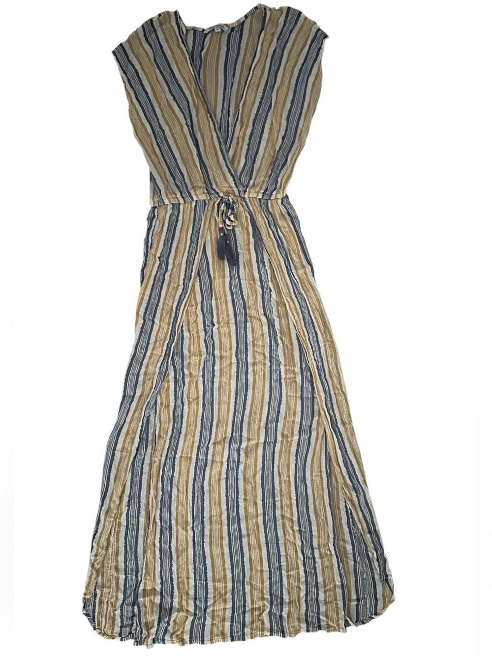 Striped Tan and Blue Maxi Dress with Waist Tie